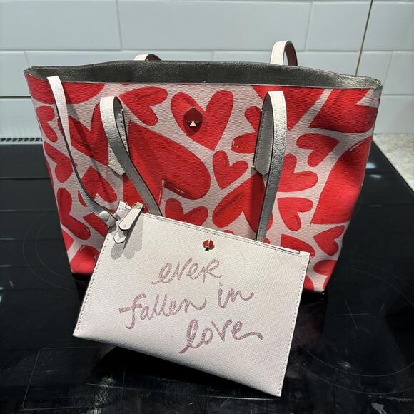 Kate Spade New York Molly Ever Fallen Large Tote Bag Heart Print, Pouch Pink Red - Picture 7 of 8